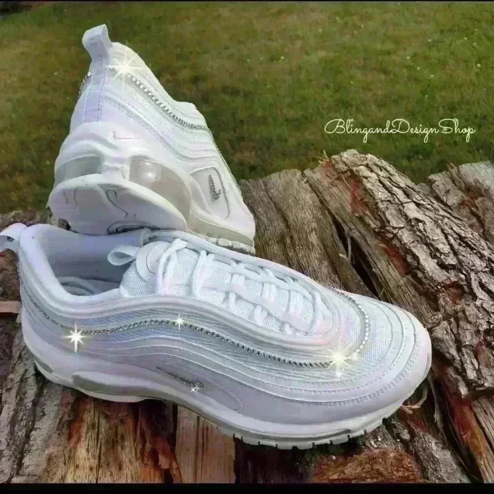Womens Nike Air Max 97 Shoes All White Custom with Crystals Sneakers